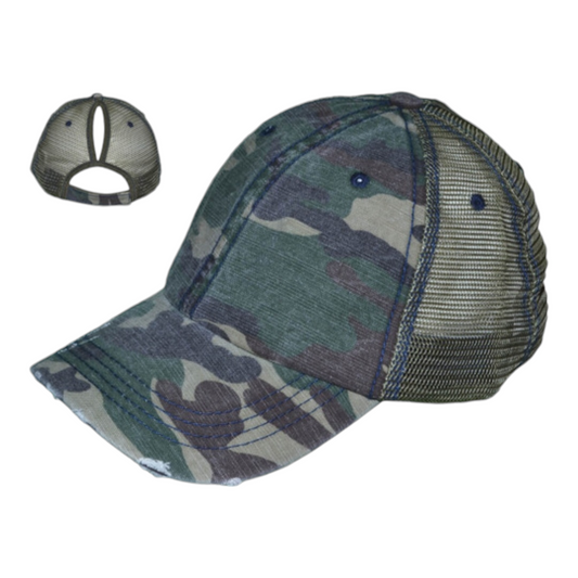 Women's Ponytail Distressed Hat - Camouflage